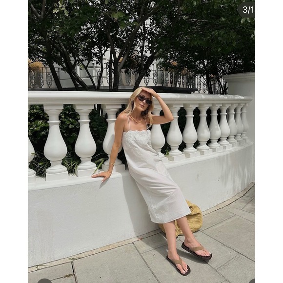 Zara Dresses & Skirts - Zara Linen Midi Dress medium White New Embroidered Scallop Spaghetti Strap